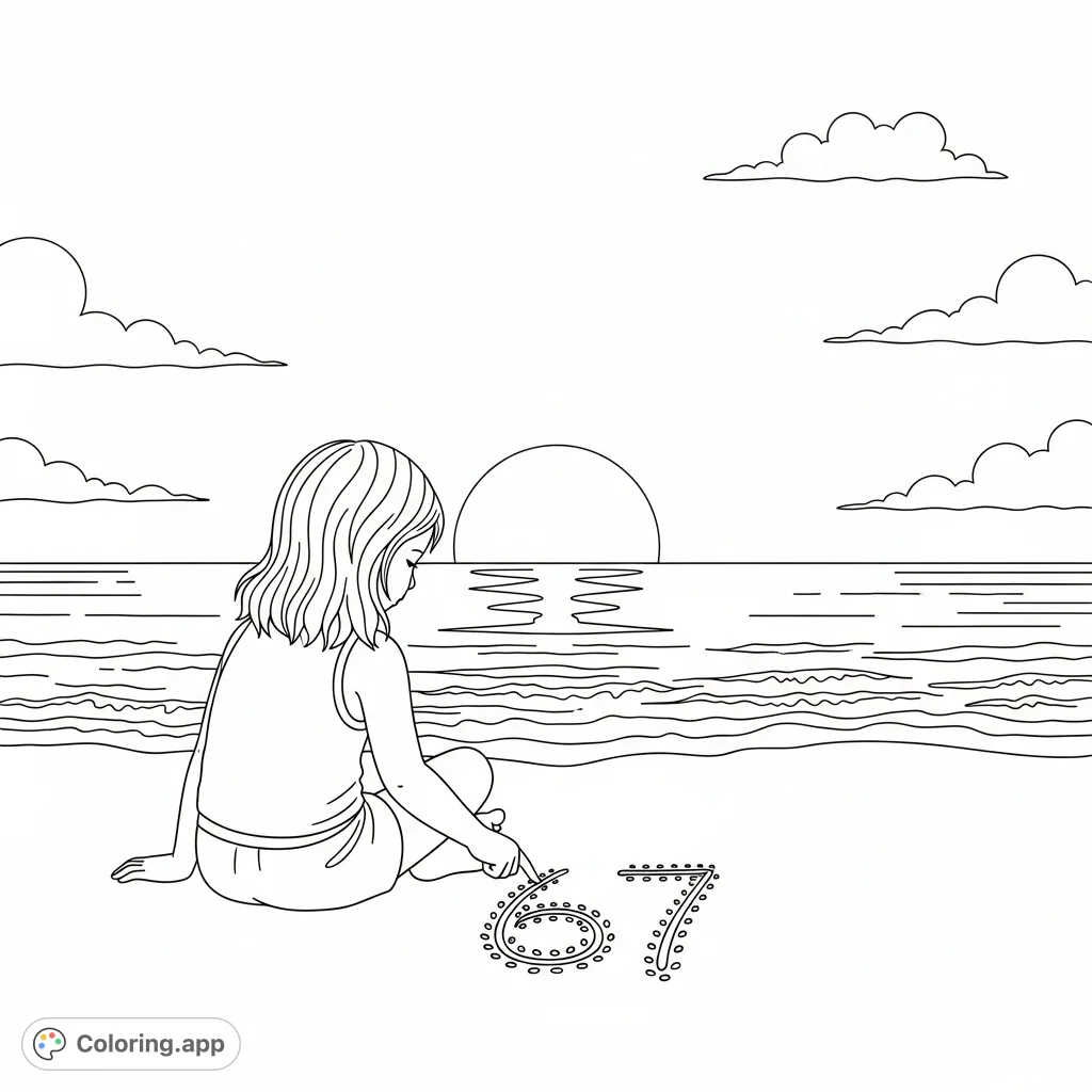 A serene beach sunset coloring page featuring a little girl drawing '67' in the sand, perfect for peaceful and imaginative coloring.