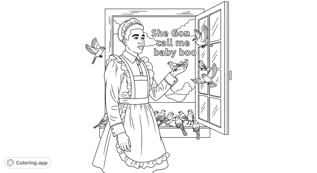 A whimsical NBA Young Boy, dressed in a 1960s maid dress, serenades a flock of birds outside a window, creating a uniquely charming scene.