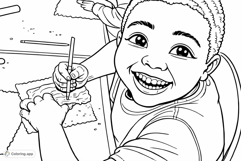 A cheerful child smiles brightly while engrossed in a crafting activity, shaping clay-like material with a tool. Perfect for inspiring creativity!