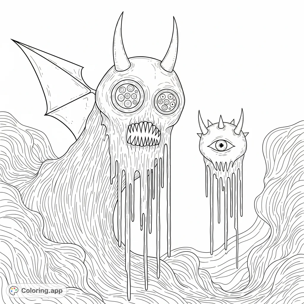 Two textured, spiked entities emerge from a swirling vortex of deep strokes and etched lines in this intricate fantasy creature coloring page.
