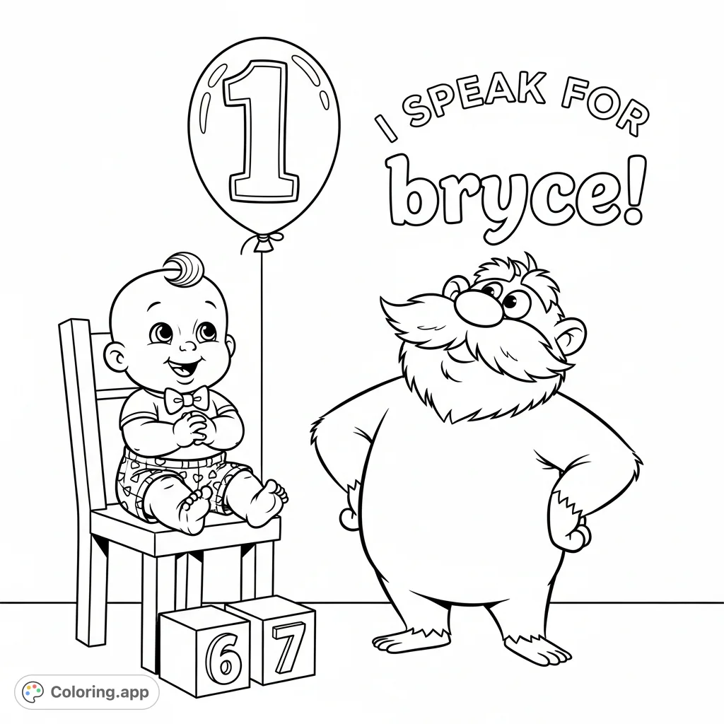Celebrate a first birthday with baby Bryce, a fun character, and a number '1' balloon! A cheerful scene with block letters '67' for a special touch.
