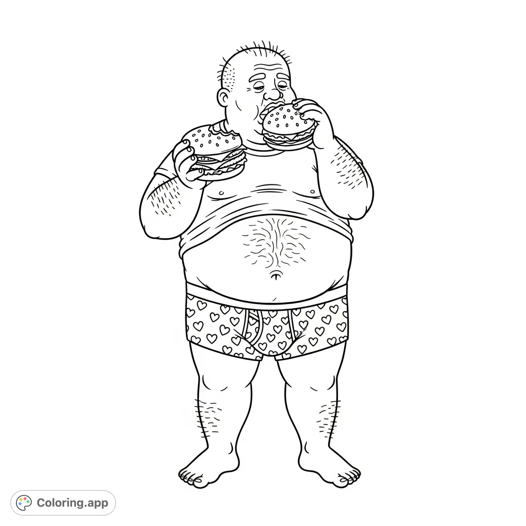 A humorous man with an undersized shirt, exposed belly, and heart-patterned underwear enjoys a burger. A fun, free printable coloring page.