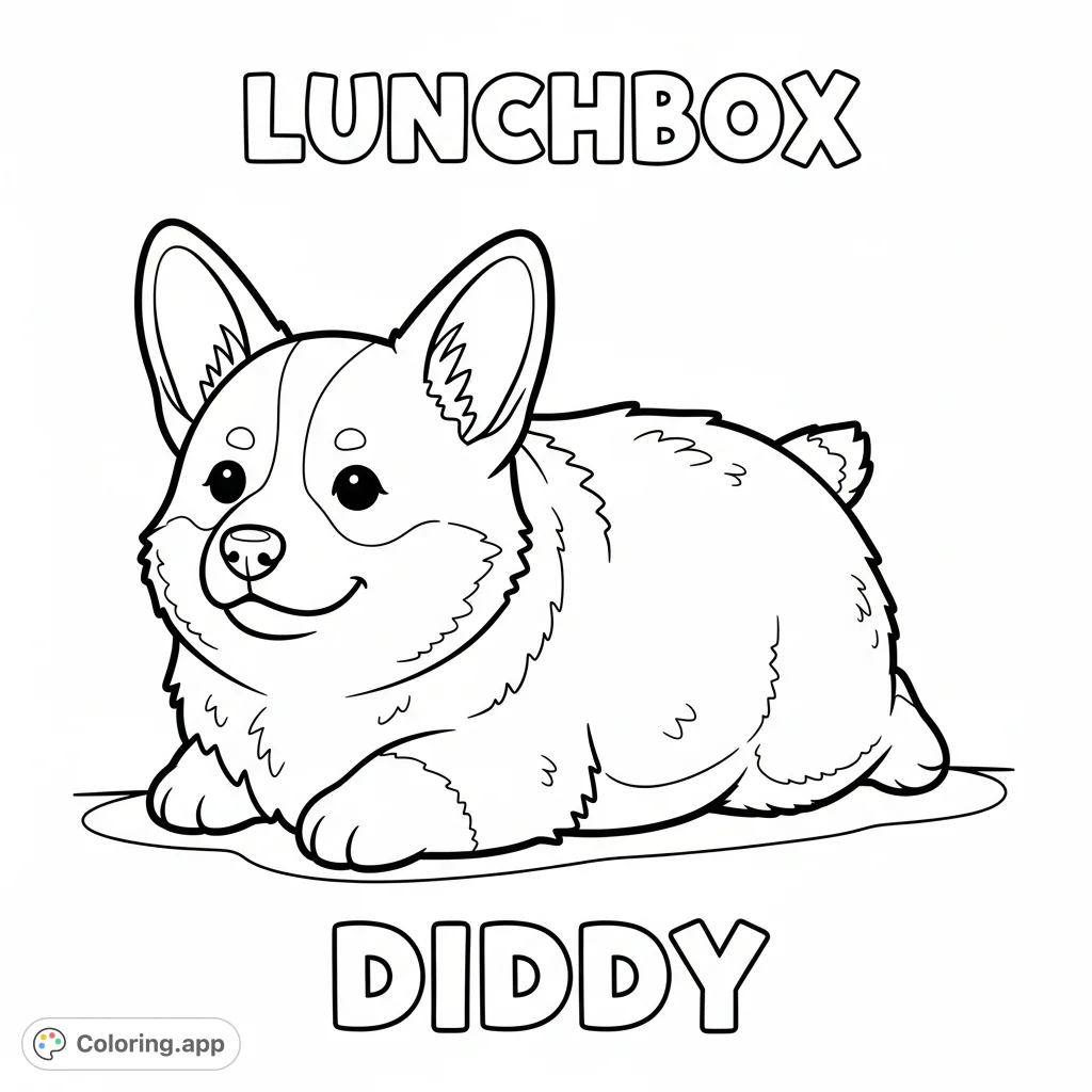 Color this adorable, plump corgi puppy lounging with "lunchbox" and "DIDDY" text. A charming free printable corgi coloring page for all ages.