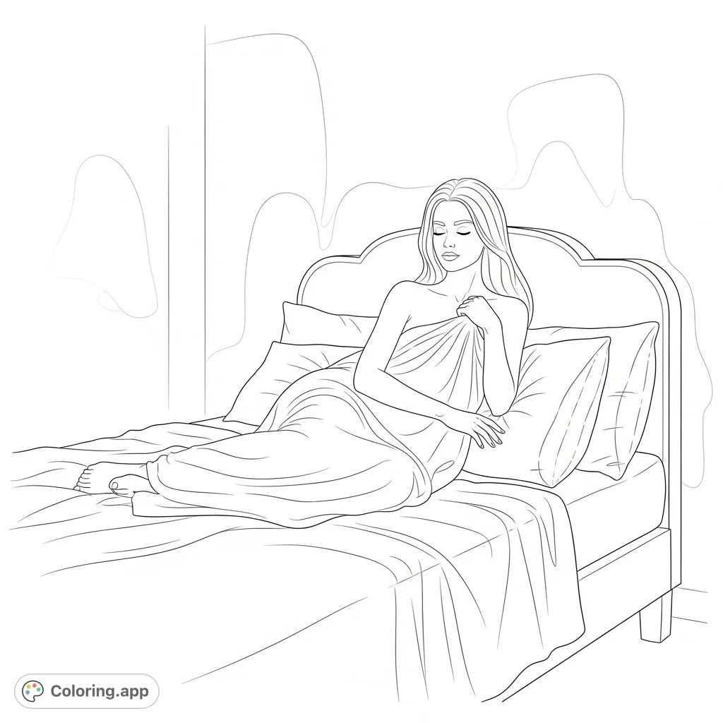A serene female figure reclines gracefully on a plush bed amidst soft drapery, inviting introspection and artistic expression.