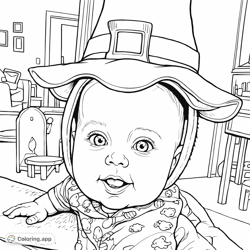A delightful baby with wide eyes wears a whimsical tall hat featuring a band and buckle, perfect for celebration. A sweet and simple image for young colorists.