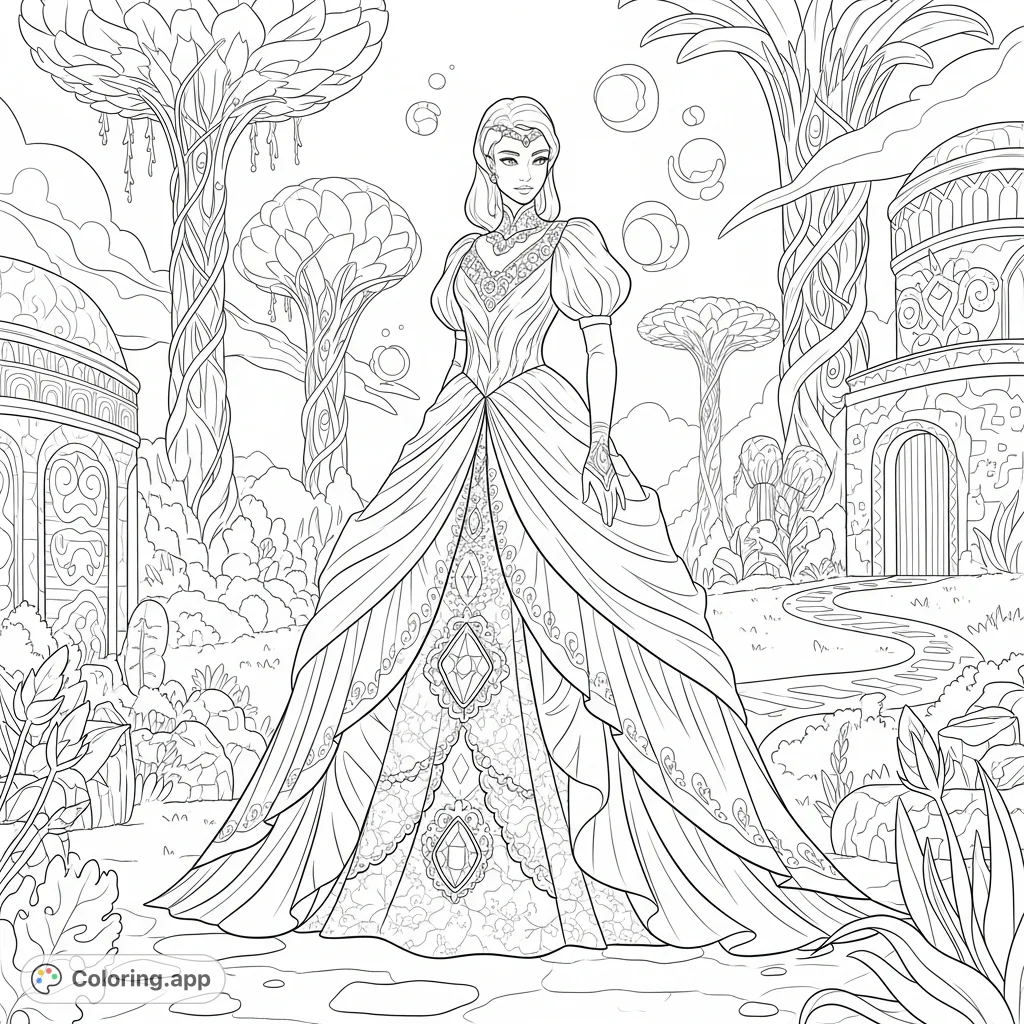 Step into a wondrous realm with this magical land coloring page, featuring a figure in an exquisitely detailed, sparkly gown amidst fantastical scenery.