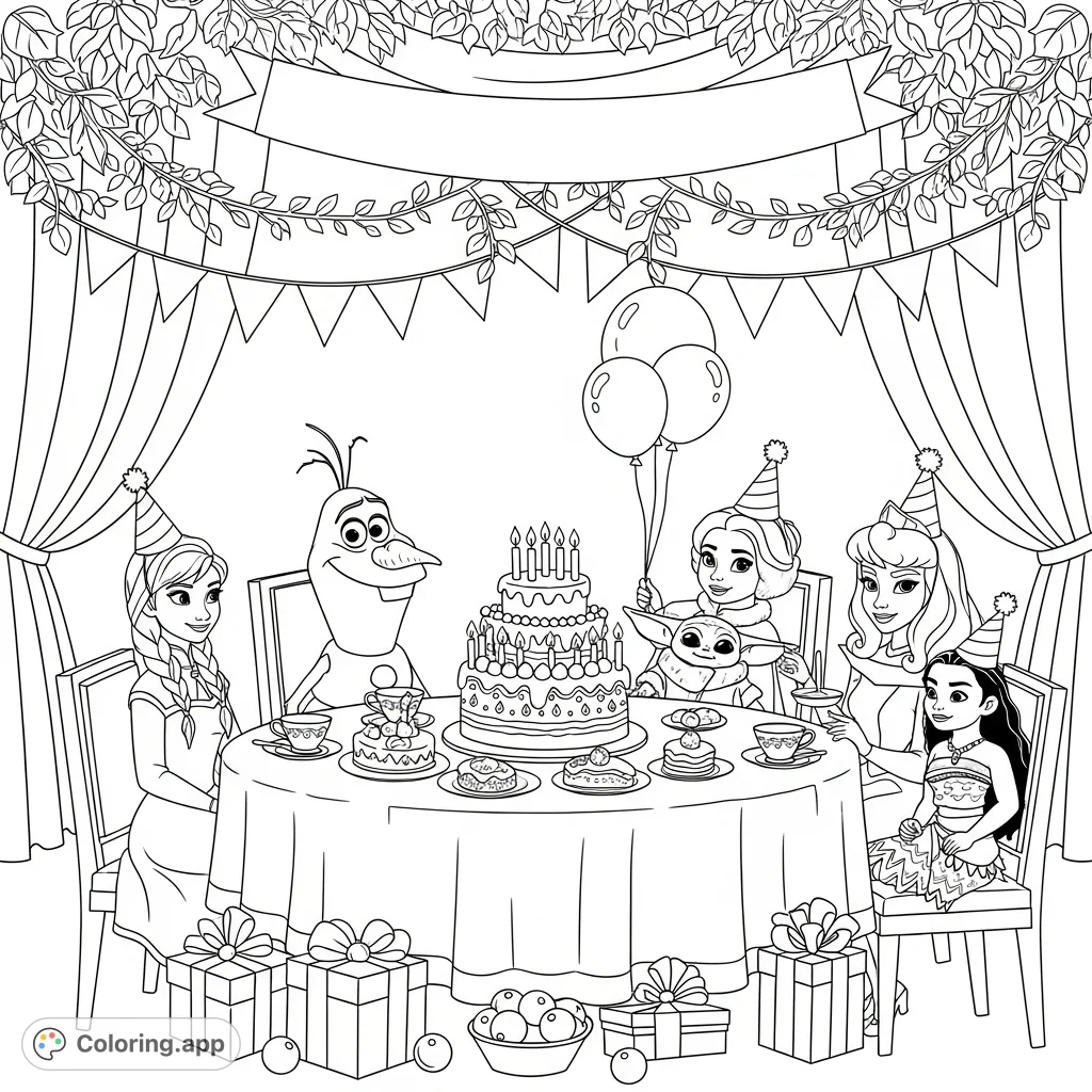 Join Anna, Elsa, Olaf, Leia, Baby Yoda, Moana, and Aurora for a grand birthday party scene with cake, presents, and festive decorations! A detailed coloring page.