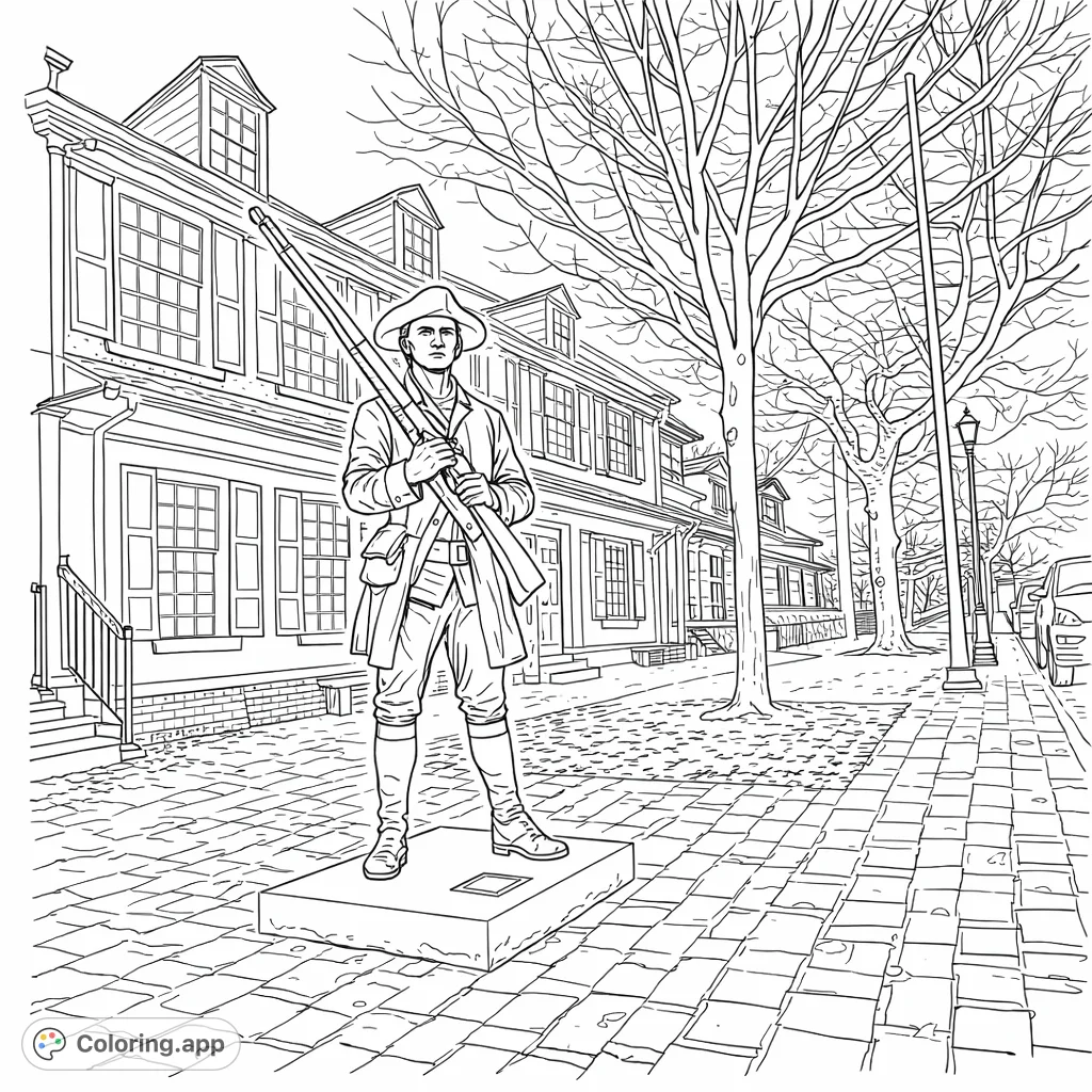 A detailed coloring page featuring a Revolutionary War soldier statue standing proudly before a historic building and bare trees. Perfect for history enthusiasts.