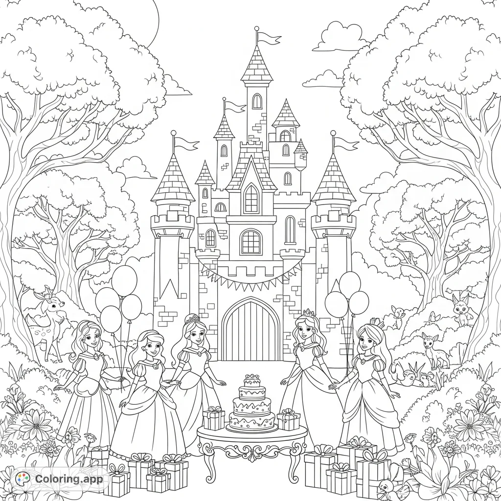 Celebrate a royal birthday! Princesses gather in front of an enchanted castle, surrounded by a magical forest, gifts, and cake.