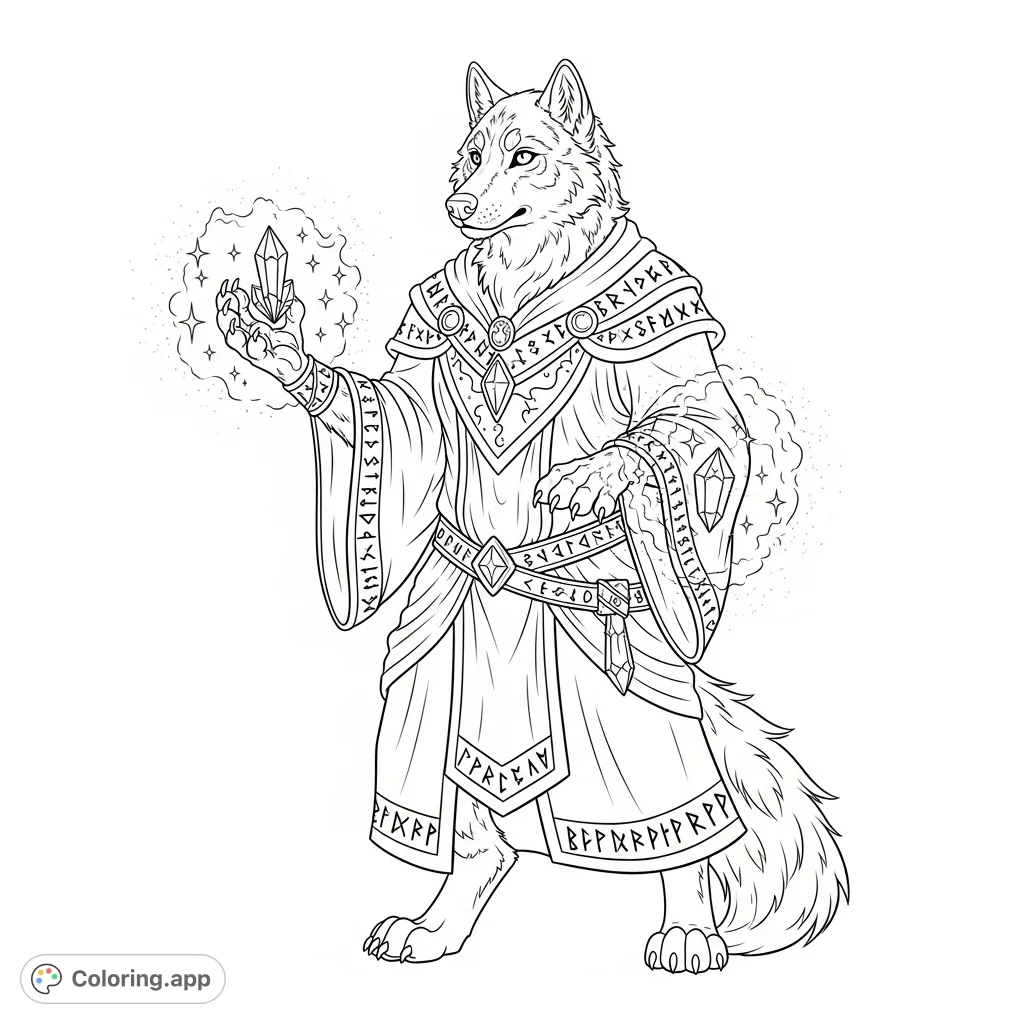 Unleash your creativity with this detailed anthro wolf wizard casting a spell, featuring intricate robes, magical runes, and sparkling crystals.