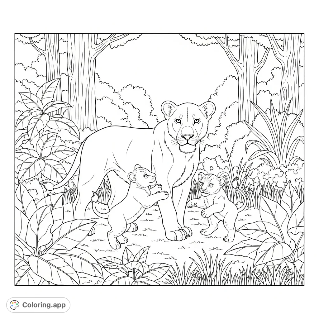 A heartwarming jungle animals coloring page featuring a proud lioness watching her playful cubs romp amidst lush foliage. Perfect for a free printable coloring page adventure.