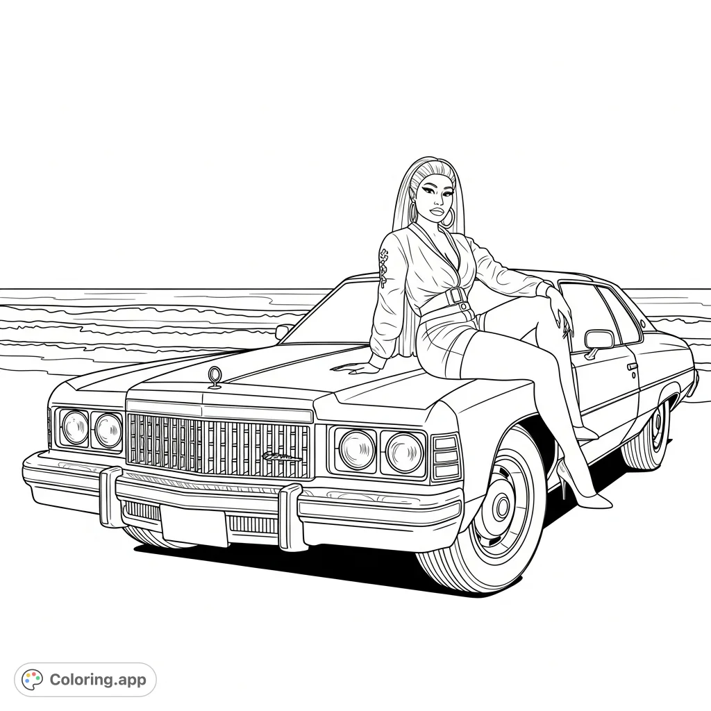 A glamorous coloring page featuring a figure resembling Nicki Minaj perched on a vintage 1976 Caprice Classic at a serene beach. Perfect for fans.