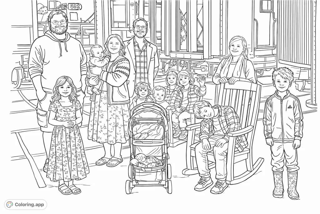 Explore a heartwarming family outing at a train depot. This detailed coloring page features adults, children, and classic trains, perfect for a creative journey.