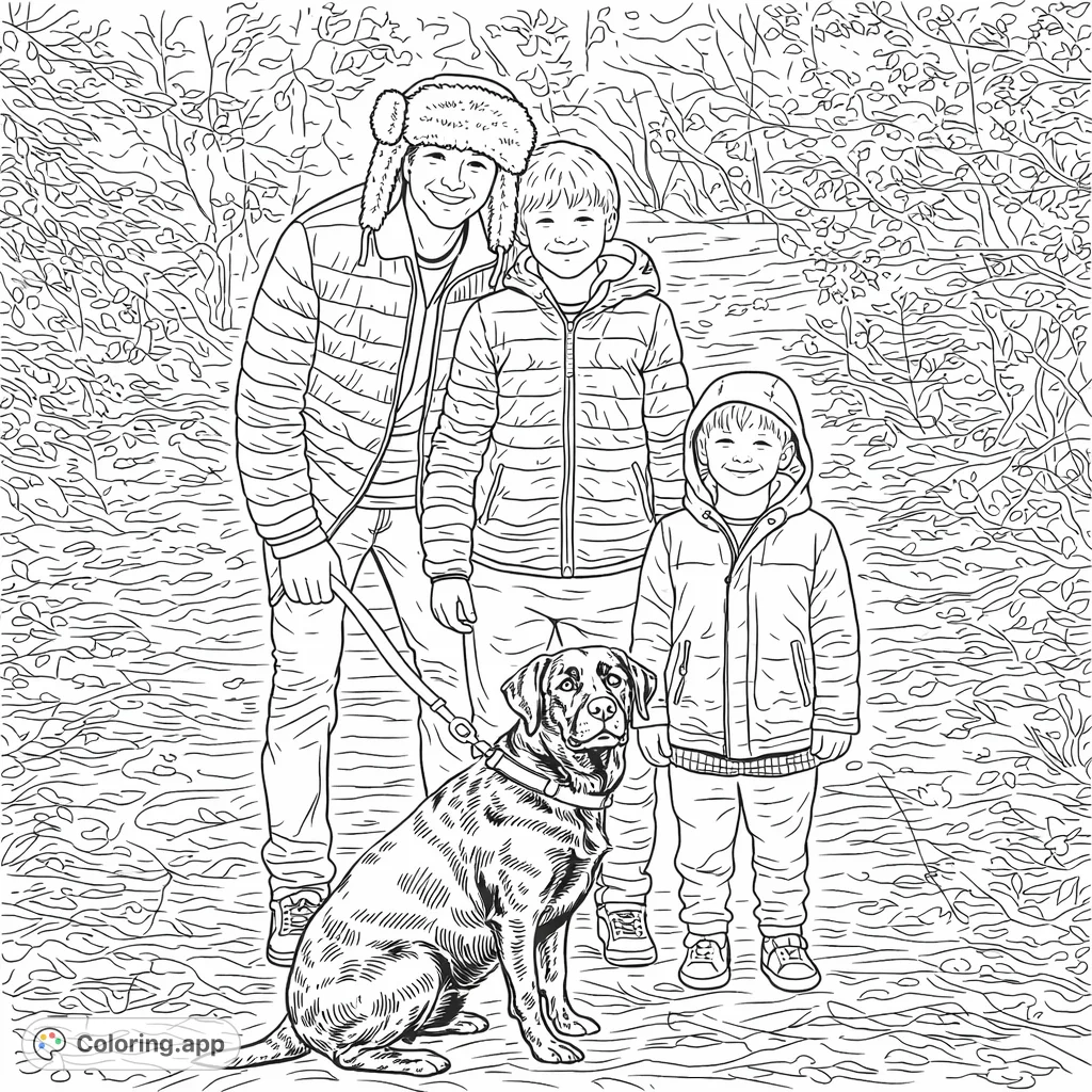 An outdoor adventure with three smiling boys and their loyal dog on a rustic forest path, offering a detailed scene for engaging coloring.