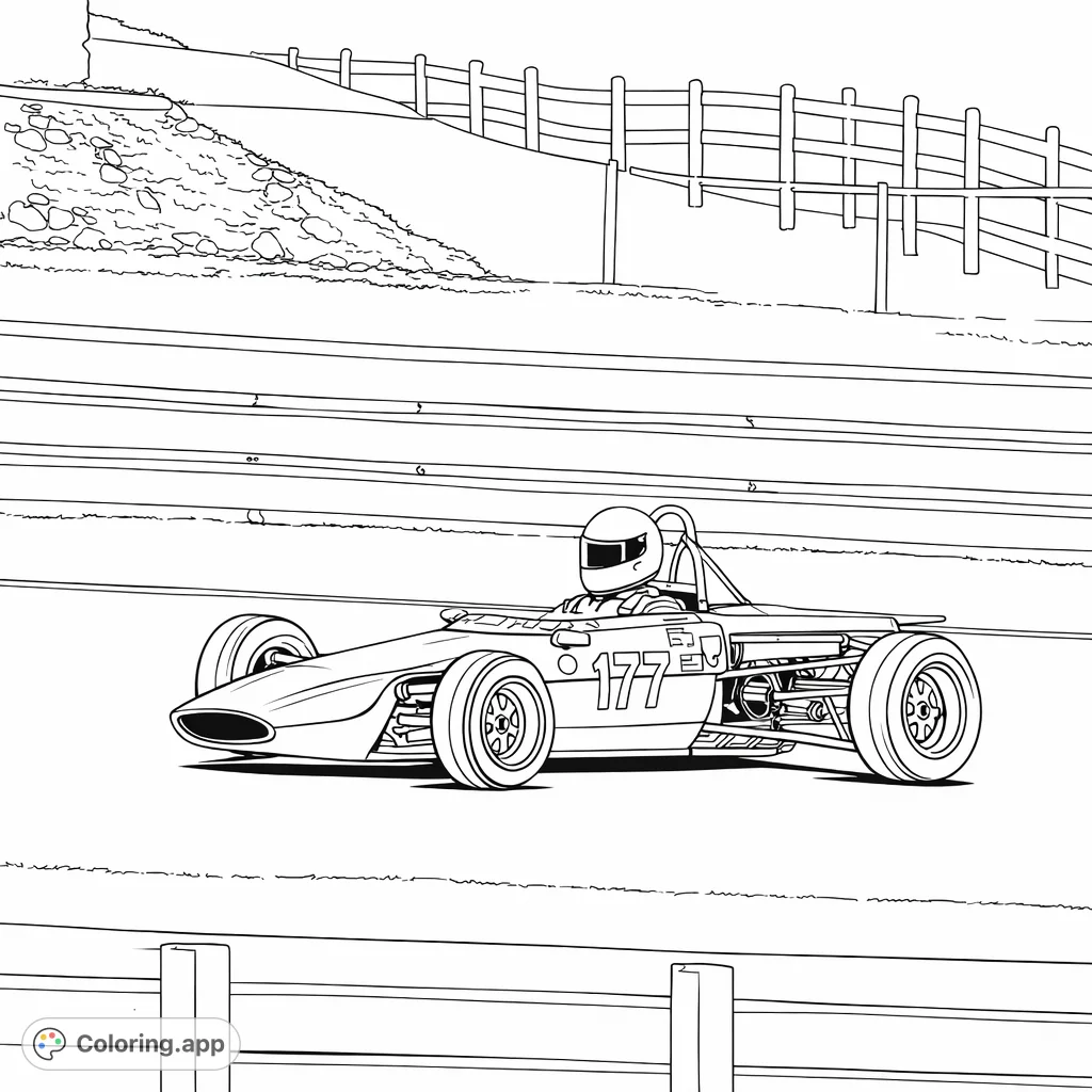 Experience the thrill of speed with this vintage race car coloring page. Features an open-wheel racer on a track, perfect for motor sports enthusiasts.