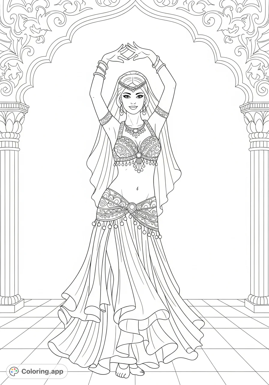 A captivating belly dancer in a dynamic pose, adorned with intricate costume details and flowing fabrics. Perfect for those who appreciate cultural beauty and detailed artwork.