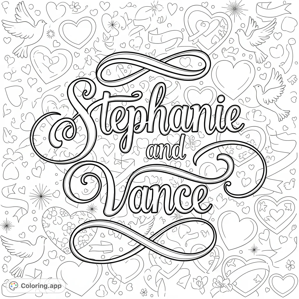 An exquisite coloring page featuring "Stephanie and Vance" in ornate calligraphy, surrounded by a romantic background of hearts, ribbons, and elegant motifs.