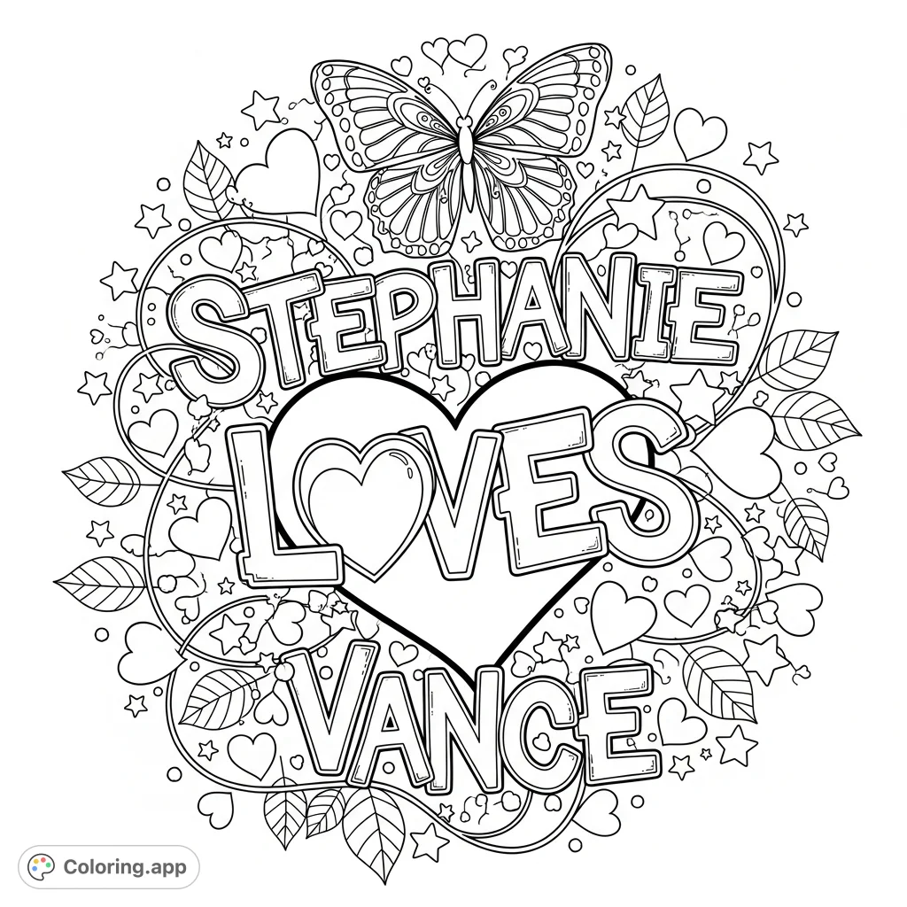 Bold graffiti letters spelling "Stephanie Loves Vance" surrounded by a heart, butterfly, stars, hearts, and leaf motifs. A unique personalized art piece!