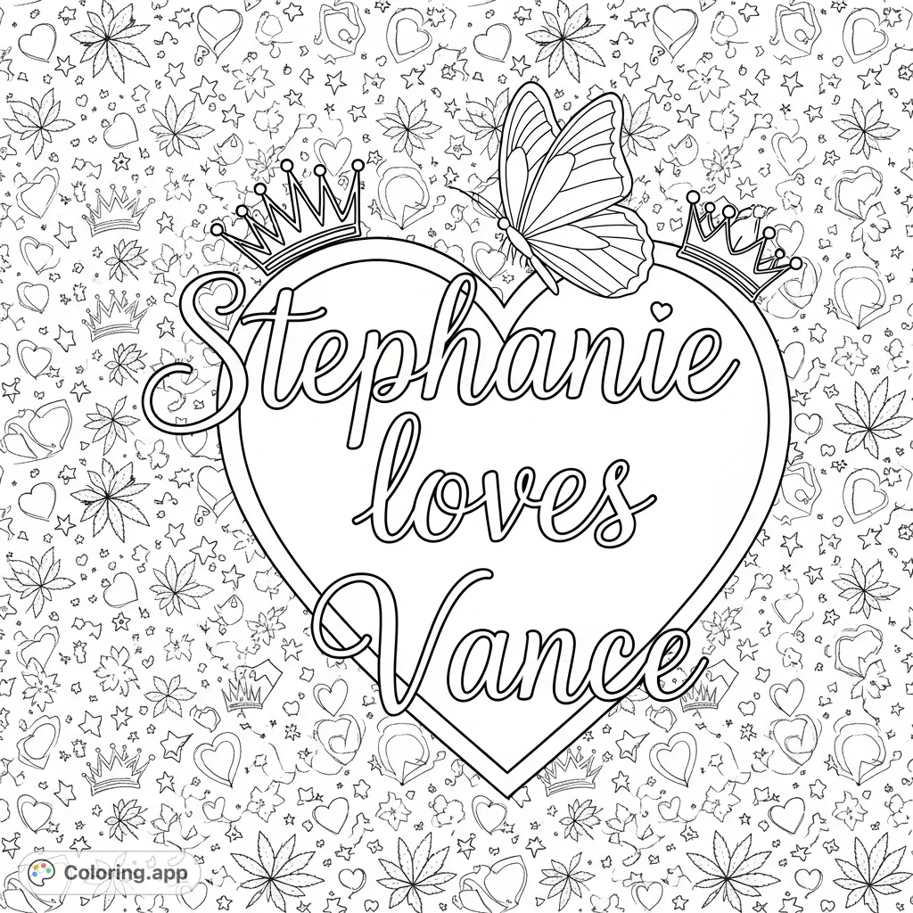A personalized 'Stephanie loves Vance' coloring page in elegant cursive, adorned with hearts, stars, crowns, a butterfly, and playful weed leaf patterns.