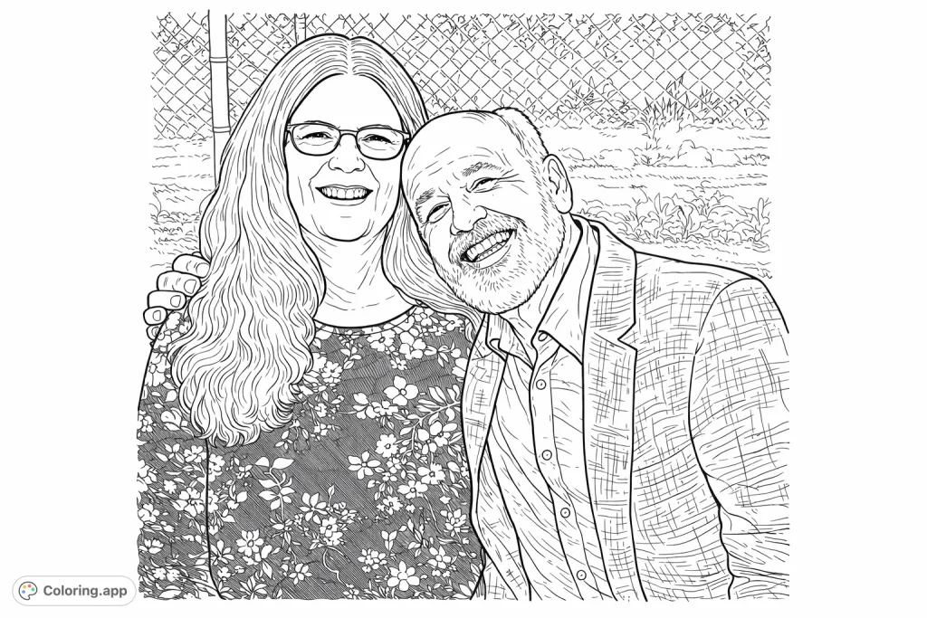 A beautiful, smiling couple embraces in this detailed portrait. Enjoy coloring their expressions, patterned attire, and the textured background.