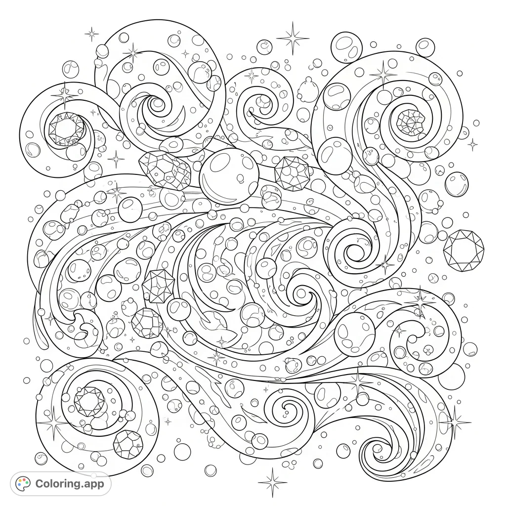 Dive into an abstract world of flowing swirls, delicate bubbles, sparkling light, and radiant gems. A mesmerizing design offering endless creative possibilities.