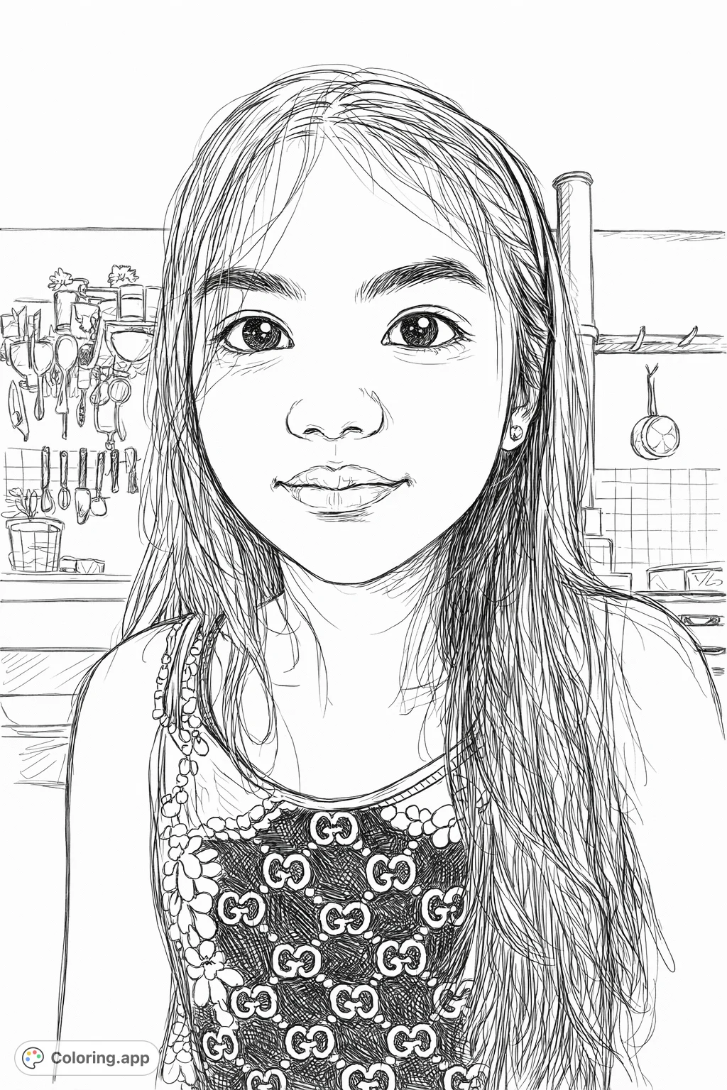 A captivating hand-drawn sketch portrait of a young person with flowing hair and a stylish patterned top. A great free printable coloring page for fashion enthusiasts.