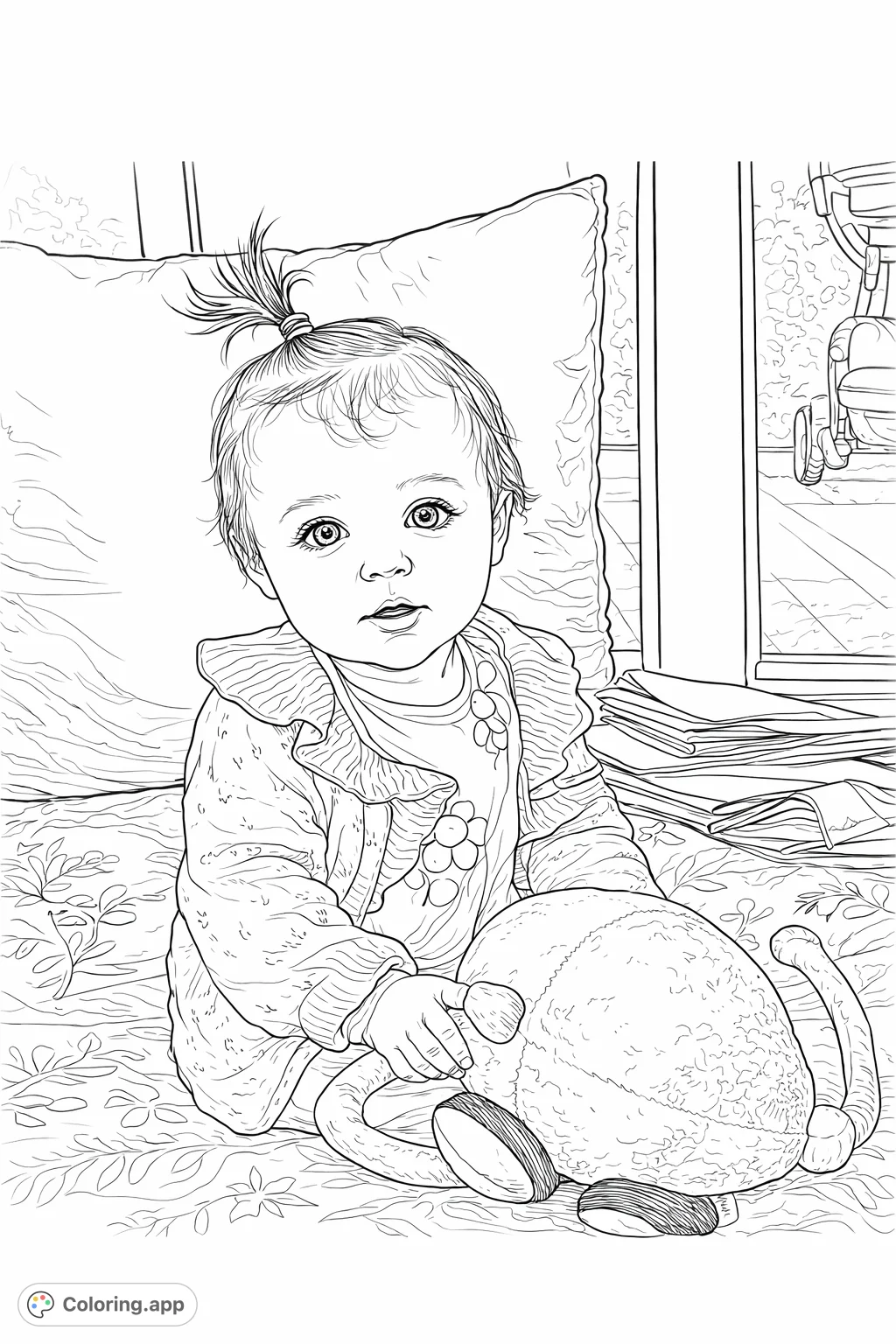 Adorable baby with a playful expression, holding a soft character plush toy, surrounded by a gentle floral pattern. A heartwarming free printable baby coloring page.