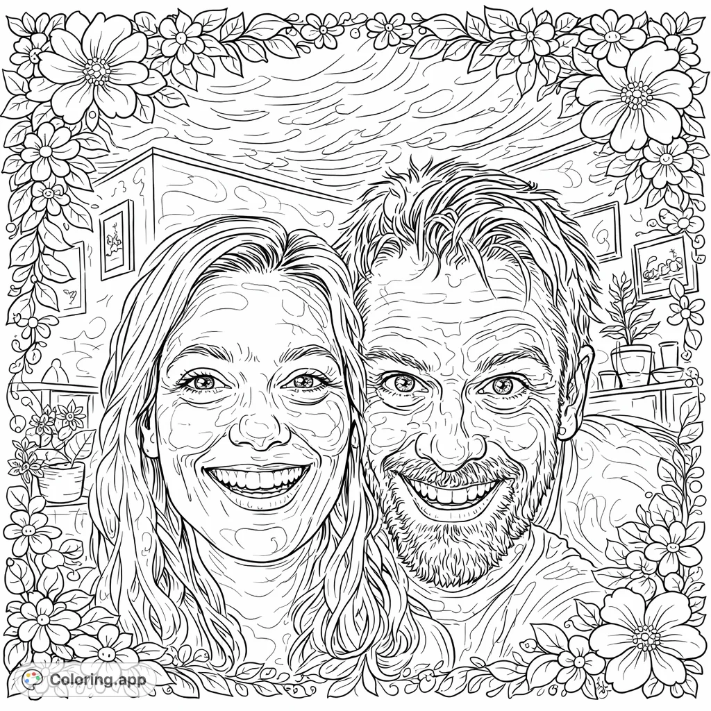 A charming whimsical couple portrait coloring page, featuring two smiling individuals framed by playful flowers and leaves, perfect for a personalized artistic touch. Free printable coloring page.