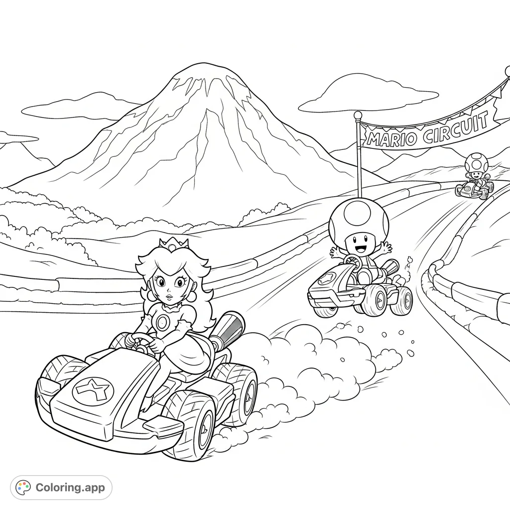 Join Princess Peach and Toad in a thrilling kart race through a snowy landscape. Drift through powder, jump ramps, and enjoy mountain views!