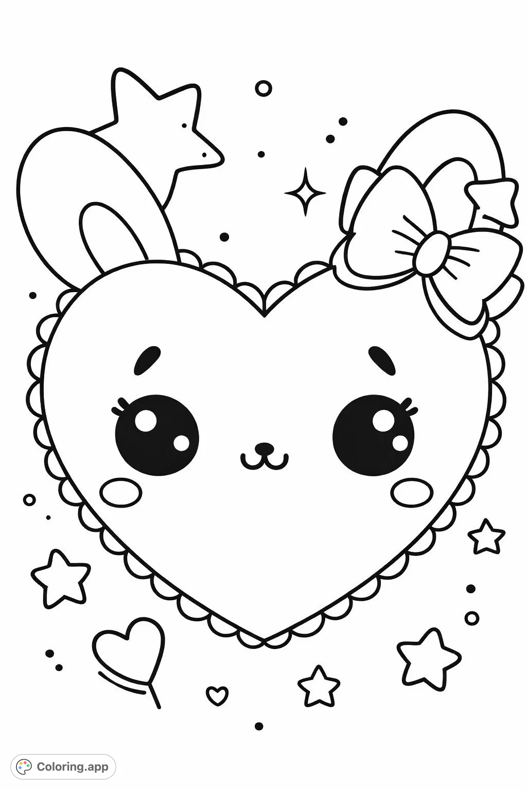 An adorable heart-shaped character featuring large expressive eyes, a cute nose, a decorative bow, and a whimsical star, surrounded by playful elements.