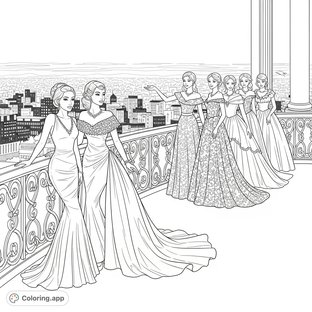 Color an elegant scene featuring eight women in exquisite gowns posing on a grand balcony overlooking a vast, illuminated cityscape at dusk.