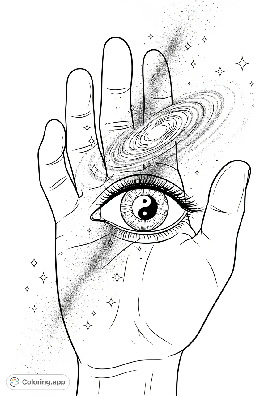 Explore a cosmic vision featuring a stylized eye with a yin and yang symbol, cradled within a palm and surrounded by the swirling Milky Way galaxy and stardust. A unique cosmic coloring page.