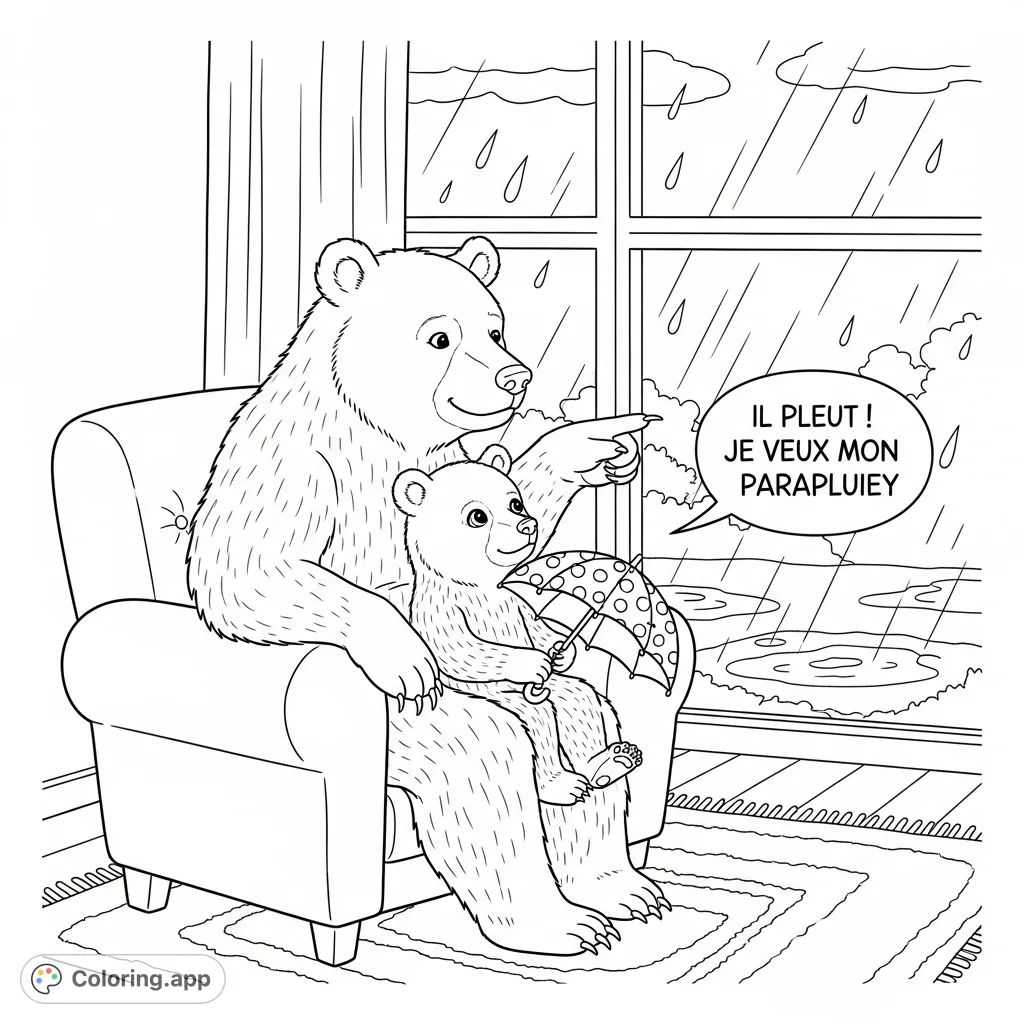 A heartwarming scene of a mother bear and cub snuggled by a window, watching raindrops fall. The cub holds a toy umbrella, ready for adventure.