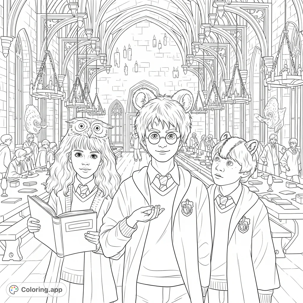 Color Harry Potter, Hermione, and Ron with whimsical animal ears in the detailed Great Hall, bustling with students and flickering candles. A magical scene!