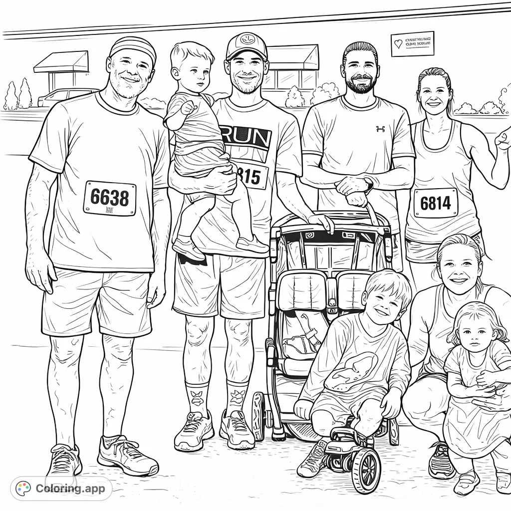 Capture a heartwarming scene of a family group at a community event, featuring adults and children, ready for a fun day out. A family race event coloring page.
