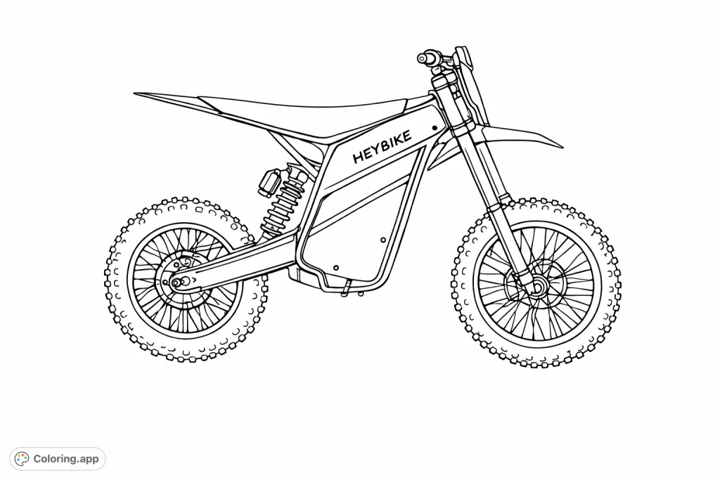 Color a futuristic electric dirt bike, featuring a sleek design, knobby tires, and robust suspension. Perfect for fans of adventure and technology.