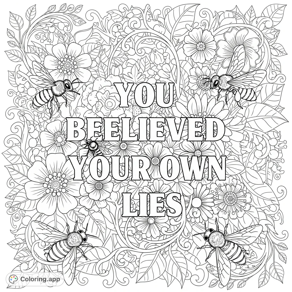 An intricate floral patterns coloring page with honeybees buzzing amidst detailed blooms, featuring the striking text 'YOU BEELIEVED YOUR OWN LIES'.