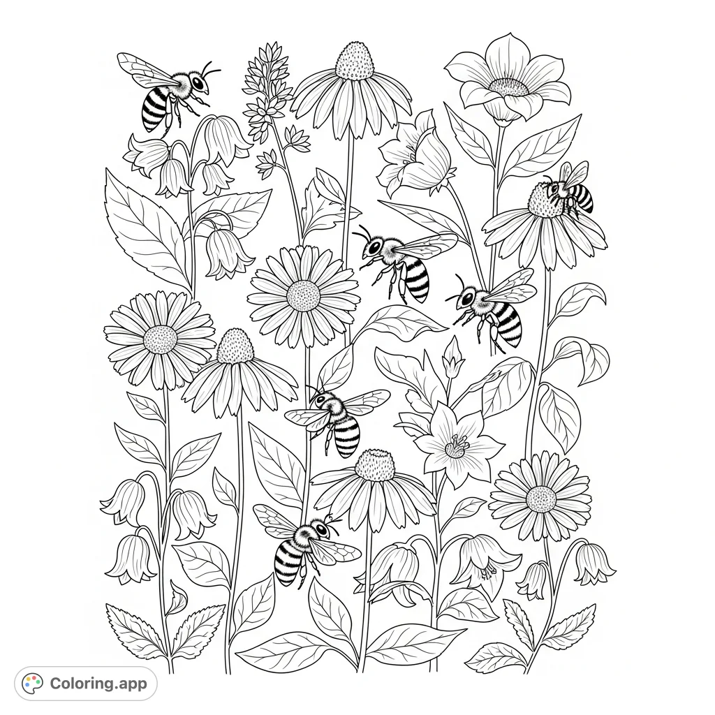 An intricate floral pattern showcasing various wildflowers with busy bees, offering a delightful and detailed coloring experience. Perfect for nature lovers.