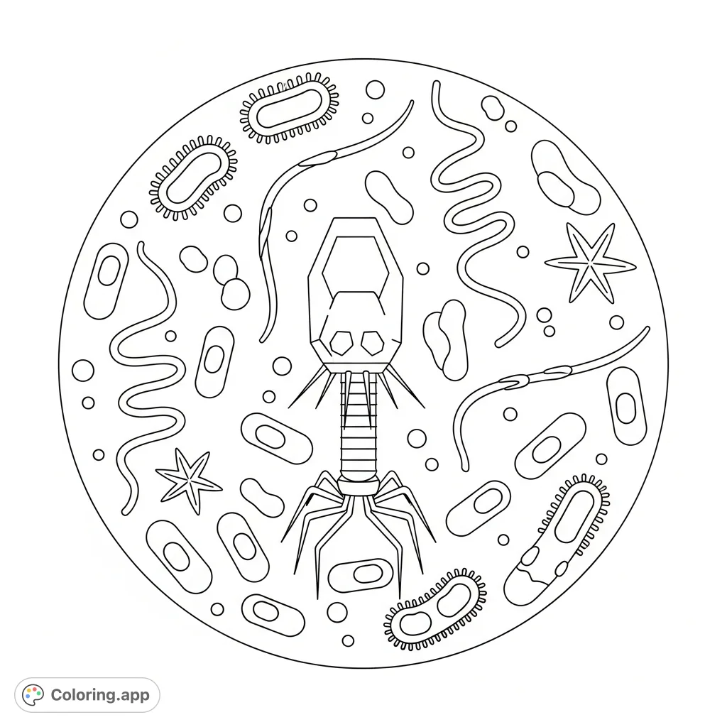 Explore a microscopic world within a liquid droplet featuring a central bacteriophage, oval bacteria, spiral spirochetes, and star-shaped archaea.