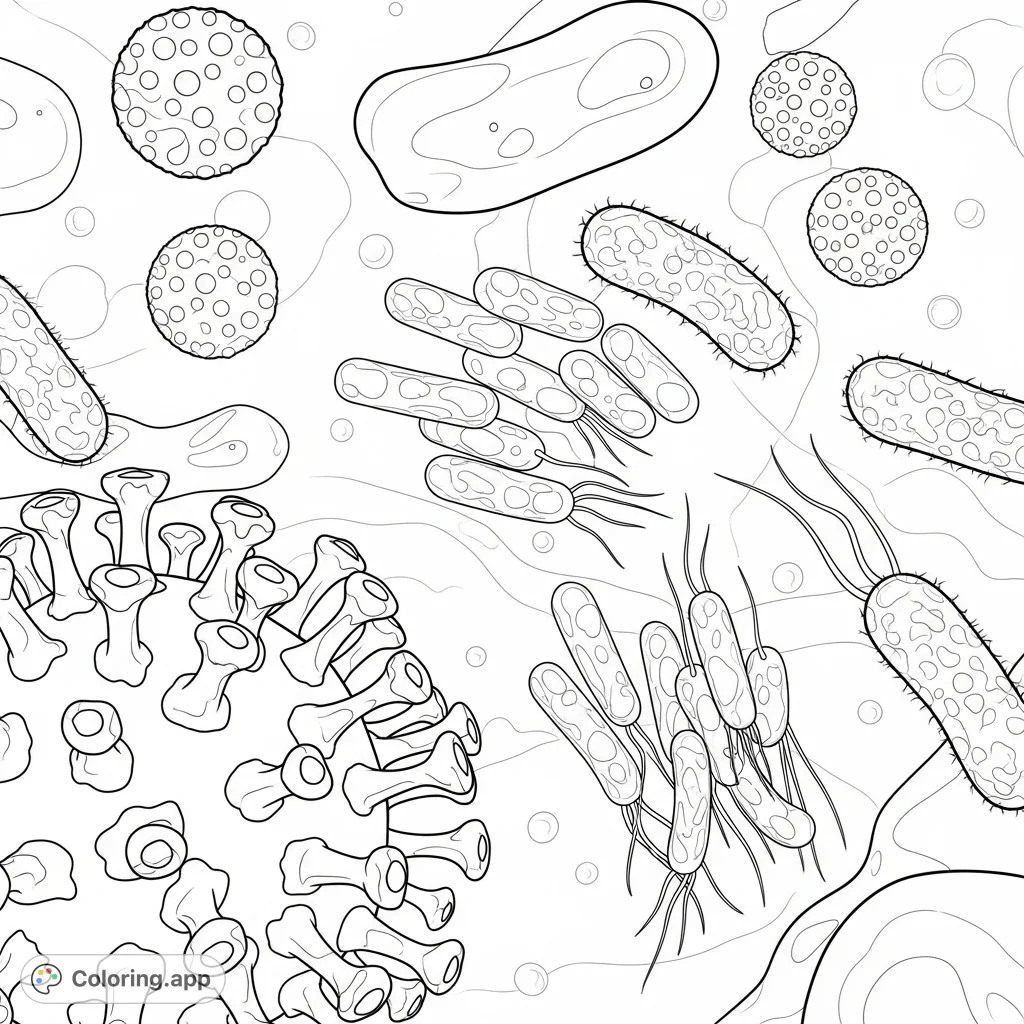 Explore the intricate world of microscopic organisms with this detailed coloring page, featuring a complex virus, rod-shaped, and spherical bacteria.