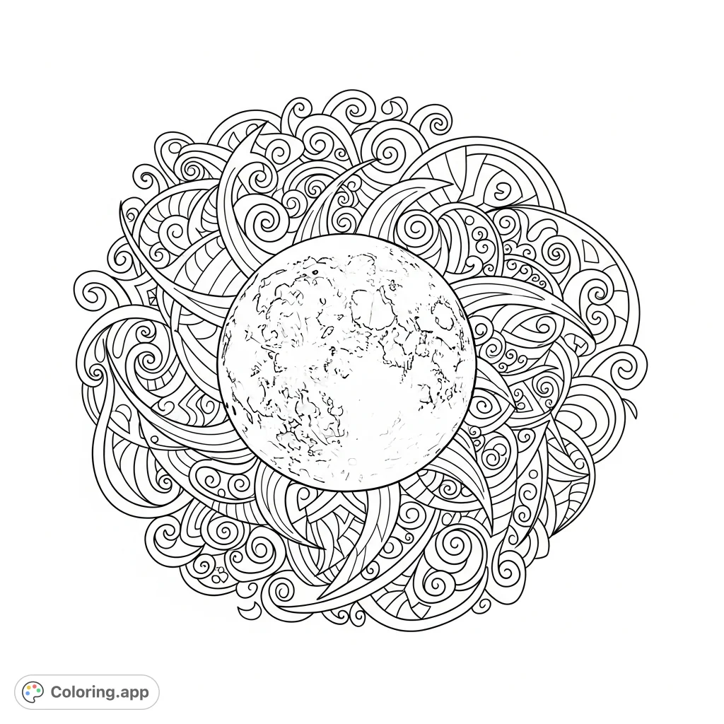 Explore an enchanting abstract moon coloring page filled with intricate random scribbles and elegant swirling patterns, a unique free printable.