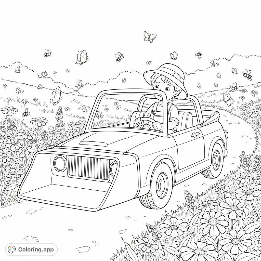 A child in a unique scoop-equipped vehicle explores a wildflower meadow, collecting butterflies and bees. A delightful adventure scene perfect for creative coloring.