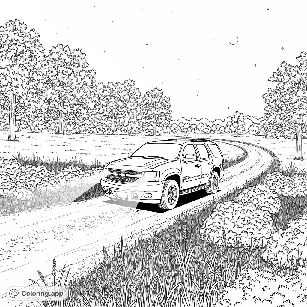 A Chevy Tahoe turns onto a winding gravel driveway under a star-filled night sky, its headlights cutting through the dense trees and illuminating wild grasses.