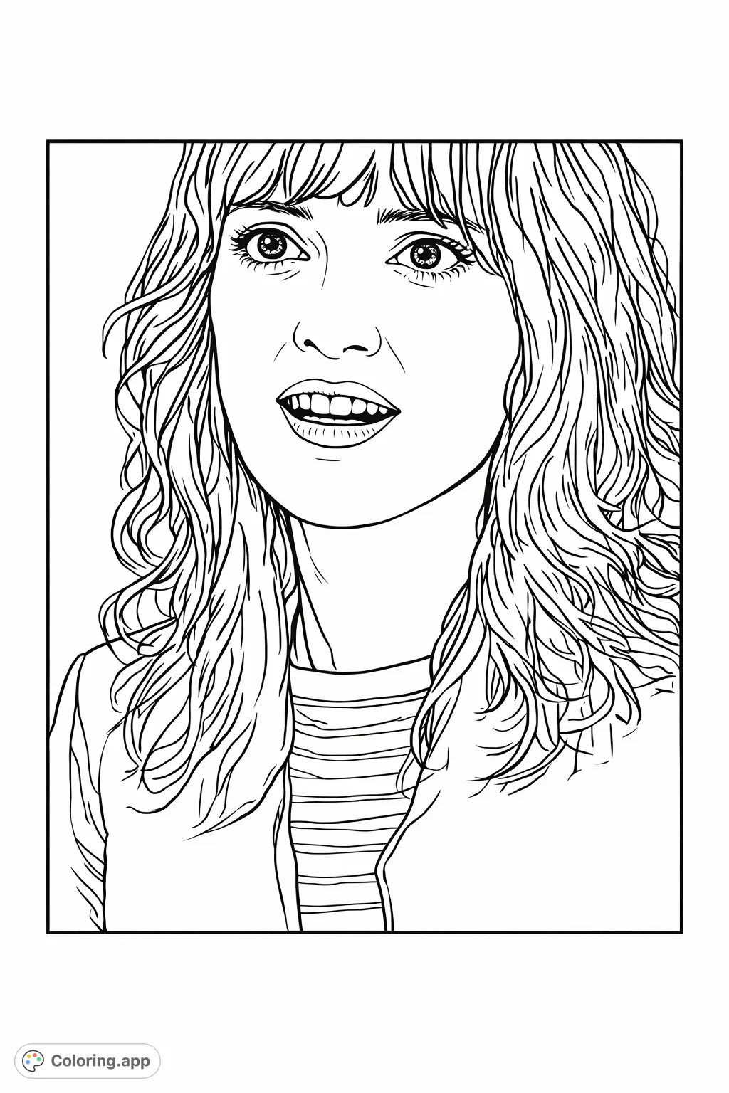 An intriguing close-up portrait of a woman with an expressive face, detailed wavy hair, and a subtly patterned outfit, offering a compelling subject for coloring.