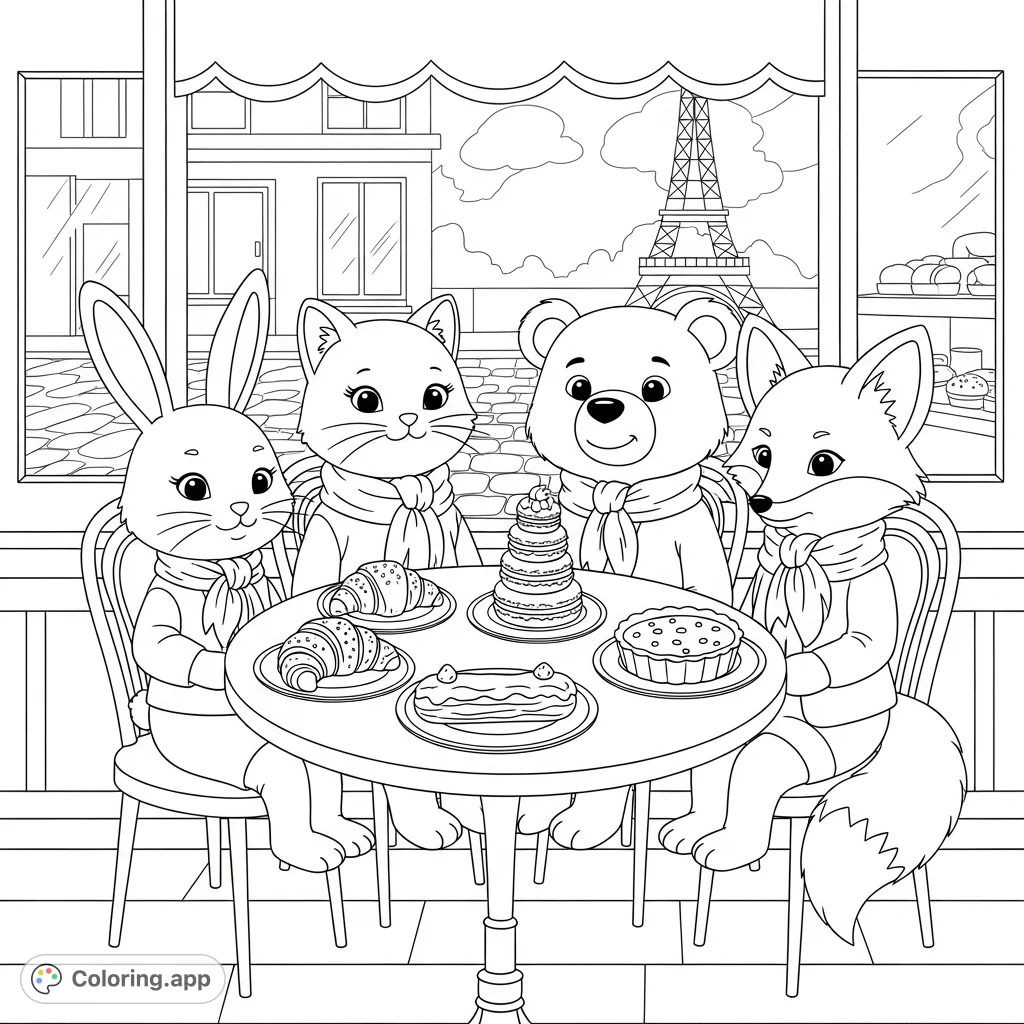 Charming animal friends enjoy Parisian desserts at a cozy cafe. A delightful free printable coloring page for kids and adults.