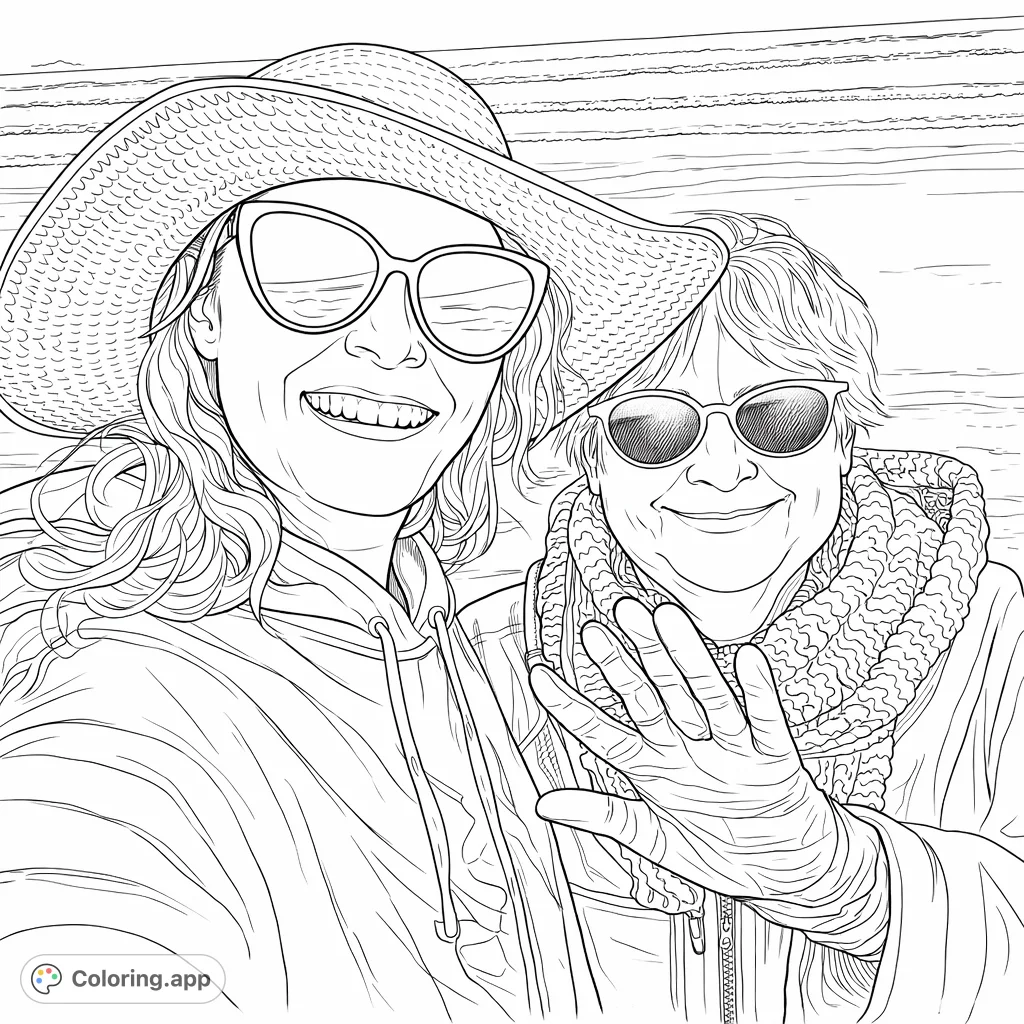 A joyful selfie of two women enjoying a sunny day at the beach, complete with wide hats, sunglasses, and gentle ocean waves. A heartwarming scene.