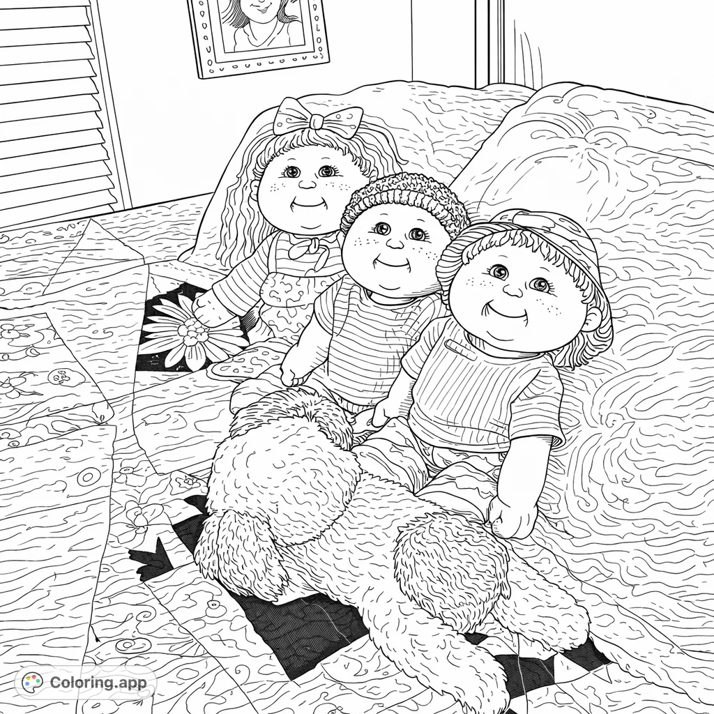 A delightful coloring page featuring three cheerful dolls and a fluffy dog resting on a patterned quilt, perfect for imaginative play and creativity.
