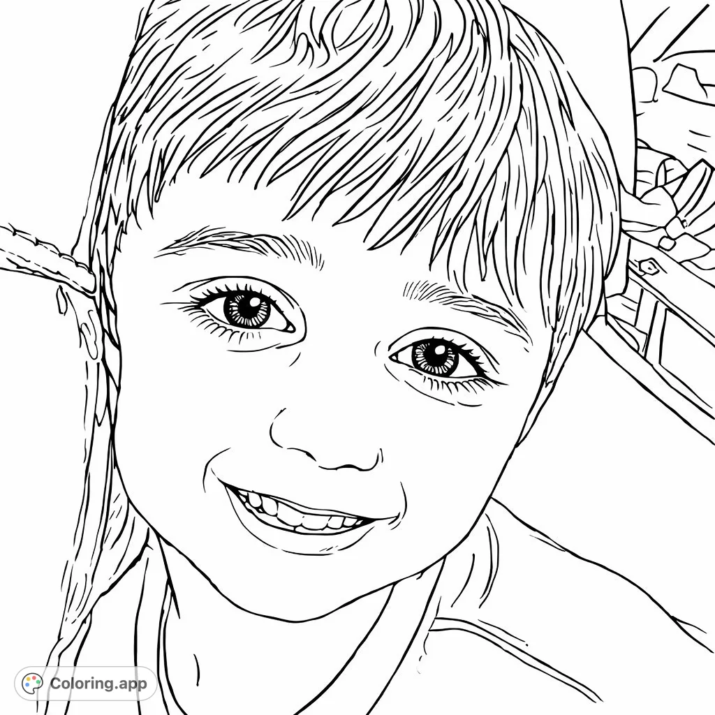 Capture the joyous expression of a child's smiling face. This portrait features detailed eyes, a cheerful smile, and flowing hair, perfect for personalizing.