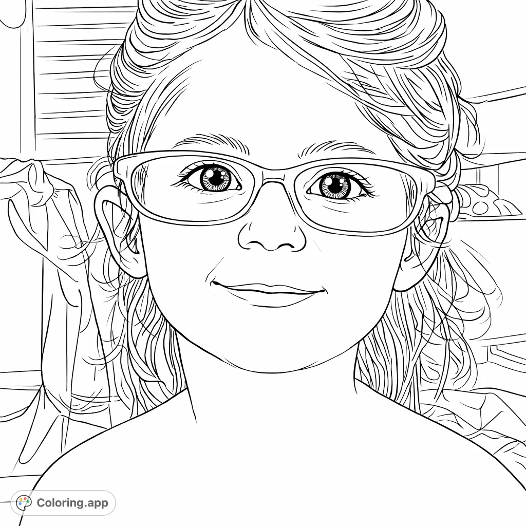 A delightful coloring page featuring a smiling child wearing glasses. Perfect for kids to personalize with their favorite hues and create a unique portrait.