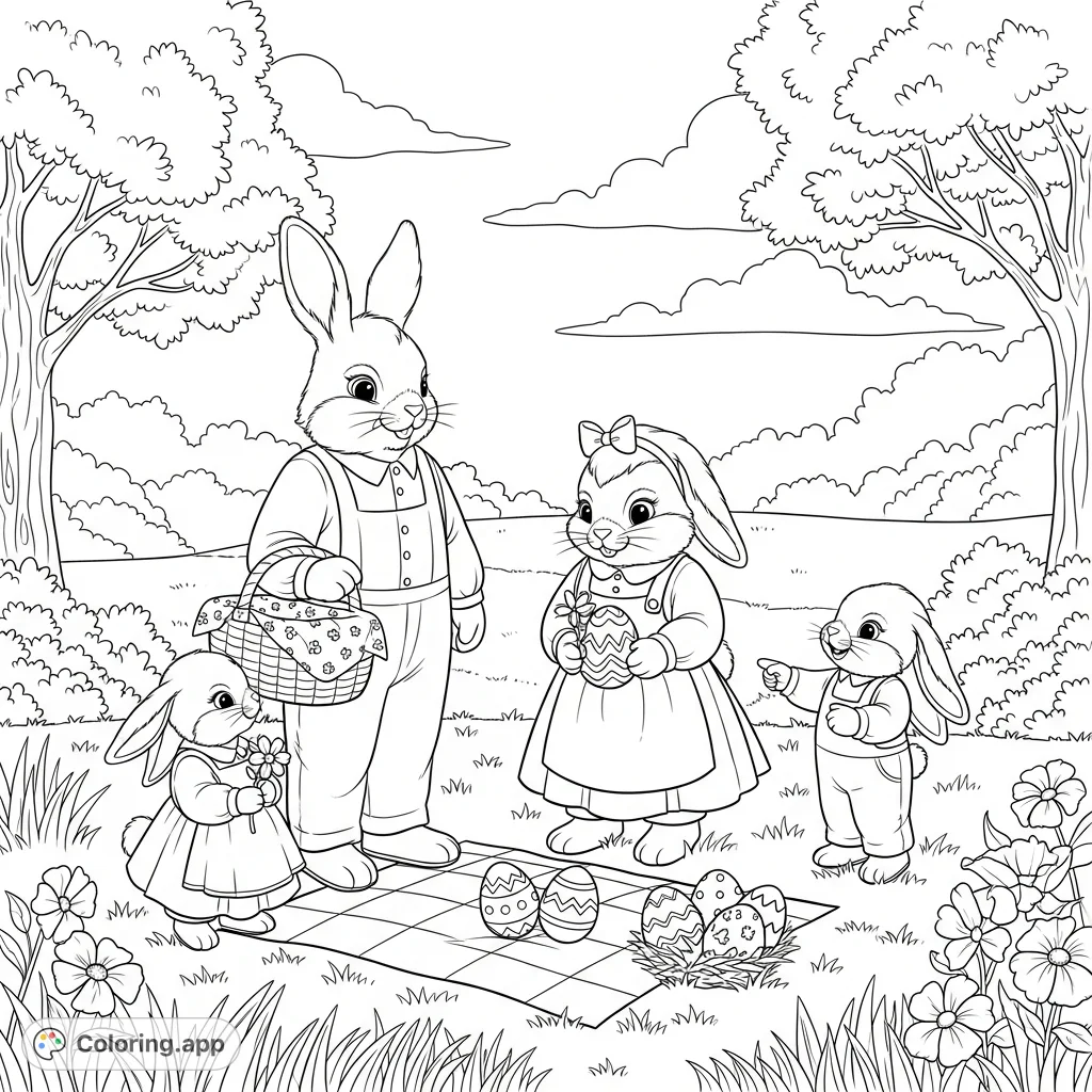Join a delightful storybook bunny family for their Easter Sunday picnic in a vibrant park setting. Celebrate the season with charming characters and festive eggs!